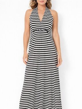 Chico’s Black White Striped Halter Maxi Dress Size 1 NWT Flowy Stretch